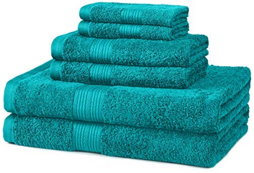 Book Cover Amazon Basics 6-Piece Fade Resistant Bath, Hand and Washcloth Towel Set - Teal