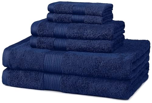 Book Cover AmazonBasics 6-Piece Fade-Resistant Cotton Bath Towel Set - Navy Blue