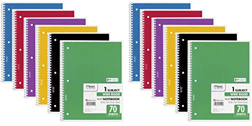 Book Cover Mead Spiral Notebook, 1 Subject, 70 Wide Ruled Sheets, Assorted Colors, 12 Pack
