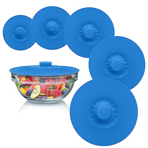 Book Cover Silicone Bowl Lids Blue Set of 5 Reusable Suction Seal Covers for Bowls, Pots, Cups. Food Safe. Natural grip, interlocking handles for easy use and storage.
