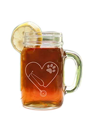 Stethoscope Heart with PAW Cutout Etched Glass Mason Jar Mug with Handle