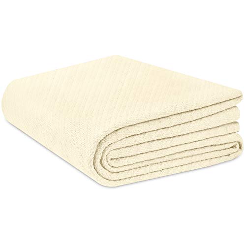 COTTON CRAFT Soft Cotton Thermal Blanket - Plush Herringbone Twill - All Season Luxurious Breathable Skin Friendly Lightweight Cooling Throw Blanket - Sofa Couch Travel Camping Dorm - King Ivory