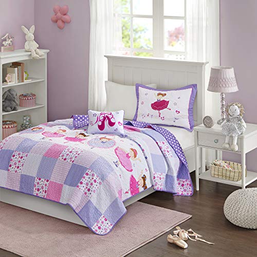 Book Cover Mi Zone Kids Twirling Tutu Twin Bedding For Girls Quilt Set - Purple Pink , Princess - 3 Piece Kids Girls Quilts - Ultra Soft Microfiber Quilt Sets Coverlet