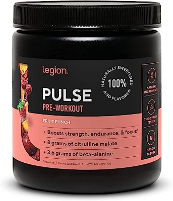 Legion Pulse Pre Workout Supplement - All Natural Nitric Oxide Preworkout Drink to Boost Energy & Endurance. Creatine Free, Naturally Sweetened & Flavored, Safe & Healthy. Fruit Punch, 21 Servings