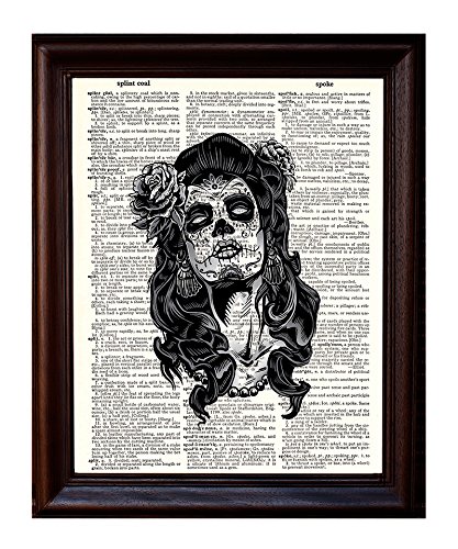 Dictionary Art Print - Day of The Dead Sugar Skull Girl Small- Printed on Recycled Vintage Dictionary Paper - 8"x11" - Mixed Media Poster on Vintage Dictionary Page