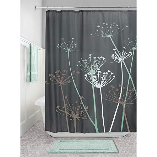iDesign Thistle Fabric Shower Curtain Water-Repellent and Mold- and Mildew-Resistant for Master, Guest, Kids', College Dorm Bathroom, 72" x 72", Gray and Mint Green