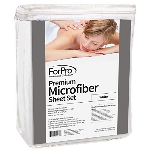 ForPro Premium Microfiber 3-Piece Massage Sheet Set, White, Ultra-Light, Stain and Wrinkle-Resistant, Includes Massage Flat Sheet, Massage Fitted Sheet, and Massage Face Rest Cover