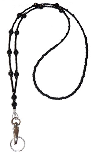 Hidden Hollow Beads Simple Black Non Breakaway Lanyard Women's Fashion Beaded Lanyard 34" Key and ID Badge Holder Black