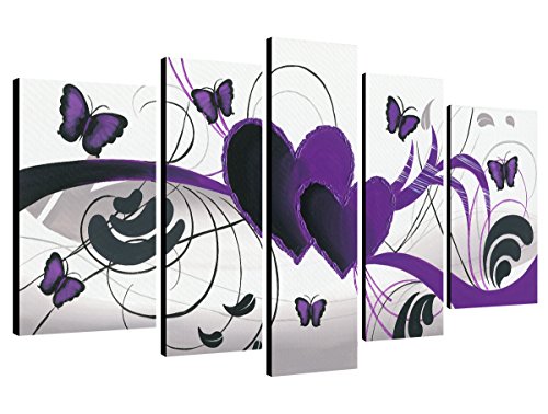 Wieco Art Purple Love Butterfly 5 Panels Modern 100% Hand Painted Stretched and Framed Abstract Romance Artwork Oil Paintings on Canvas Wall Art Ready to Hang for Home Decor 5pcs/Set