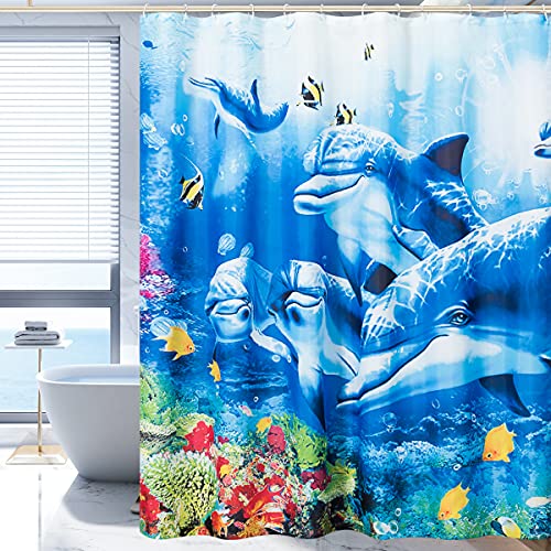 CHUN YI Ocean Shower Curtain Liner, 72" W x 72" H Sea Theme Shower Curtain with 12 Hooks, Washable Theme Ocean Fish, Turtle, Dolphin, Waterproof Shower Curtain for Bathroom Decoration(Light Blue)