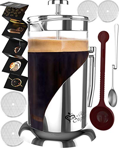 French Press Coffee & Tea Maker Complete Bundle | 34 oz | BEST Coffee Pot with 304 Stainless Steel & Double German Glass