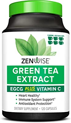 Book Cover Green Tea Extract with EGCG & Vitamin C - Antioxidant & Immune Supplement - Vegan Skin & Heart Support + Brain Health & Memory Boost - 120 Count