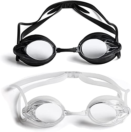 2 Pack: The Friendly Swede Protective Swim Goggles for Adults with Interchangeable Nose Pieces and Protective Cases, Black and Clear (Black + Clear)