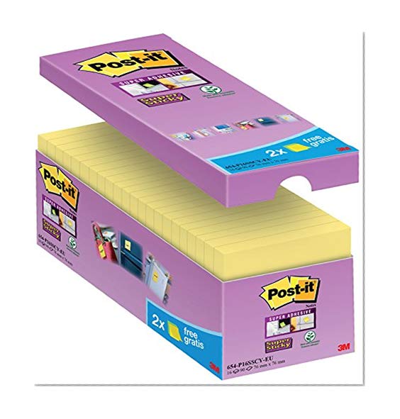 Post-it Notes Super Sticky Jaunes 76 x 76 mm - Barquette de 14 Blocs + 2 Offerts