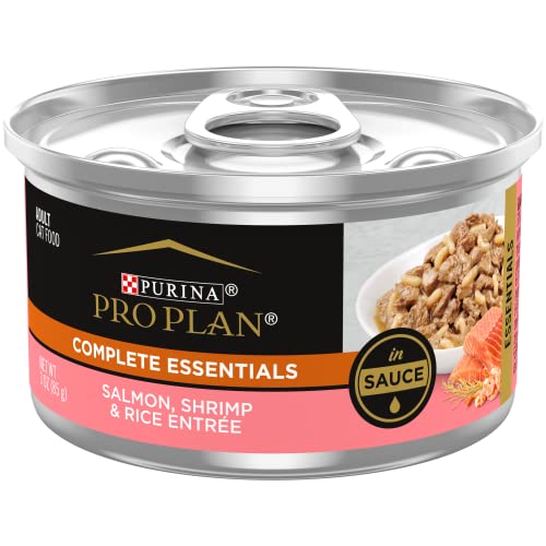 Purina Pro Plan Pate, Gravy Wet Cat Food, COMPLETE ESSENTIALS Salmon, Shrimp & Rice Entree in Sauce - (24) 3 oz. Pull-Top Cans
