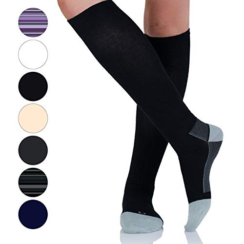 Book Cover Cotton Compression Socks for Men & Women (1-4 Pairs) Comfort Breathable Stockings for Nurses, Travel, Pregnancy, Running & Recovery - Boost Circulation to Fight Edema, Shin Splint & Pain (Black,M)