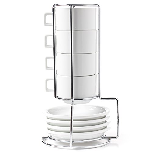Book Cover HUJI Stack-able Porcelain 3.2 OZ Espresso Turkish Coffee Cups and Saucer with Chrome Rack (9 Piece Set) (1)