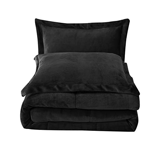 Book Cover Chezmoi Collection 3-Piece Micromink Sherpa Reversible Down Alternative Comforter Set (Queen, Black)