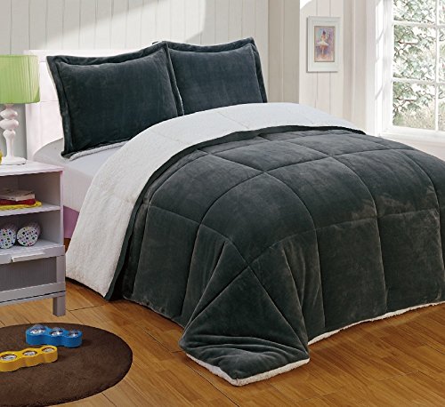 Book Cover Chezmoi Collection 3-Piece Micromink Sherpa Reversible Down Alternative Comforter Set (Queen, Gray)