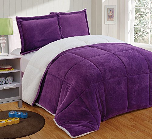 Book Cover Chezmoi Collection 3-Piece Micromink Sherpa Reversible Down Alternative Comforter Set (King, Purple)