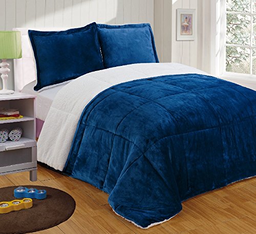 Book Cover Chezmoi Collection 3-Piece Micromink Sherpa Reversible Down Alternative Comforter Set (Queen, Navy)