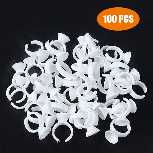 Book Cover G2PLUS Disposable Plastic Nail Art Tattoo Glue Rings Holder Eyelash Extension Rings Adhesive Pigment Holders Finger Hand Beauty Tools (White-100 PCS)