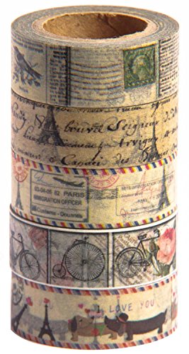 Washi Tape (Japanese Masking Tape) by MIKOKA, 0.6 Inches Wide, 32.8 Feet Long, Set of 5 - Antique Bright