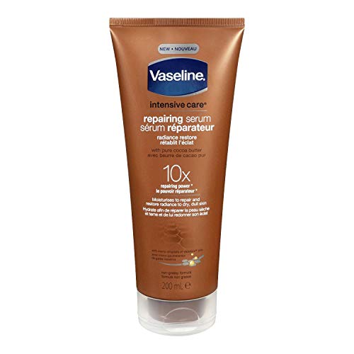 Vaseline Intensive Care Repairing Serum RADIANCE RESTORE 10x Repairing Power LOTION with Pure Cocoa Butter for Dry Dull Skin 200 ml (6.76 oz) Made in Canada