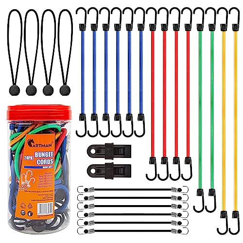 Book Cover Cartman 24 Piece Bungee Cords with 2 Free Tarp Clips Assortment Jar Includes 10