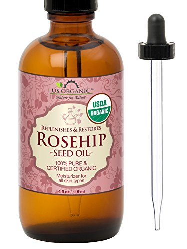 US Organic Rosehip Seed Oil, USDA Certified Organic, Cold Pressed, Virgin Organic, Amber Glass Bottle and Glass Eye Dropper for Easy Application - 4 oz (115 ml)