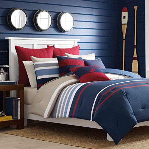 Nautica Home Bradford Collection 100% Cotton Cozy & Soft, Durable & Breathable Striped Reversible Comforter Matching Sham, 2-Piece Bedding Set, Twin, Size_Name