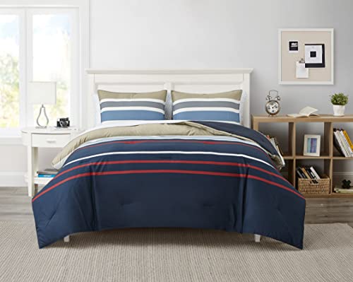 Book Cover Nautica - Queen Comforter Set, Cotton Reversible Bedding with Matching Shams, Stylish Home Decor (Bradford Navy/Kahki, Queen)