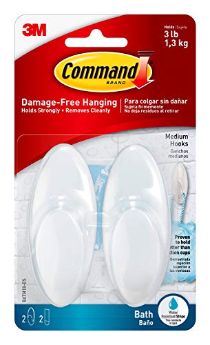 Command Bath Medium Hooks, 3 lb Capacity, 2-Hooks, 2-Strips, Organize Damage-Free