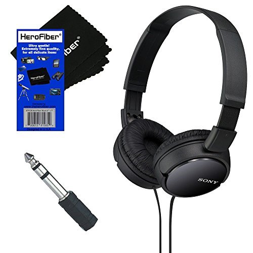Book Cover Sony MDRZX110 ZX Series Stereo Headphones (Black) with 3.5mm Mini Plug to 1/4 inch Headphone Adapter & HeroFiber Ultra Gentle Cleaning Cloth