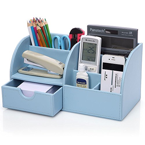 KINGOM 7 Storage Compartments PU Leather Office Desk Organizer,Desktop Stationery Storage Box Collection, Business Card/Pen/Pencil/Mobile Phone/Remote Control Holder Desk Supplies Organizer (Blue)