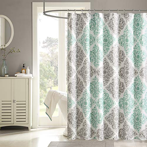 Madison Park Claire Shower Curtain, Casual Diamond Damask Design, Modern Bathroom Decor, Machine Washable, Fabric Privacy Screen 72x72, Aqua