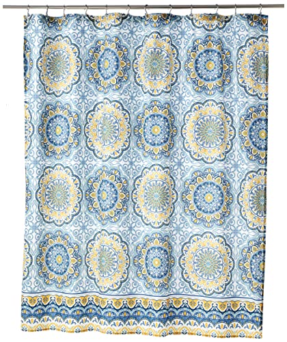 Book Cover Madison Park Tangiers Shower Curtain, Luxurious Traditional Damask Print, Classic Design Bathroom Decor, Machine Washable, Fabric Privacy Screen 72x72, Blue/Yellow