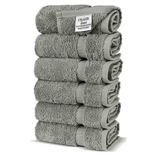 Chakir Turkish Linens, Luxury Hotel & Spa 100% Cotton Premium Turkish Hand Towels, 16'' x 30'' (Set of 6, Gray)