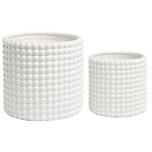 MyGift White Set of 2 White Ceramic VintageStyle Hobnail Textured Flower Planter Pot
