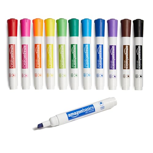 AmazonBasics Dry Erase White Board Markers - Low Odor, Chisel Tip - 12 Pack, Assorted Colors