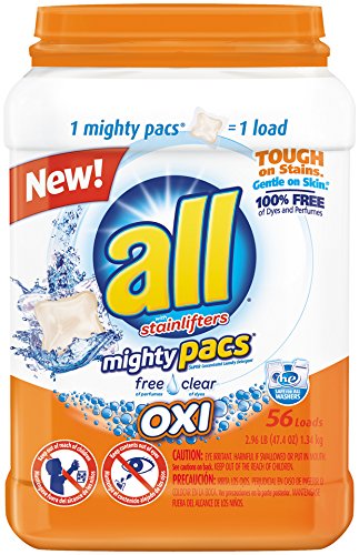 Book Cover all Mighty Pacs Laundry Detergent with OXI Stain Removers and Whiteners, Free Clear, Pouch, 56 Count