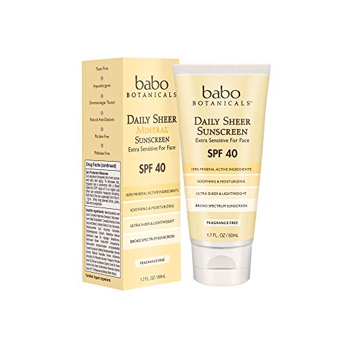 Book Cover Babo Botanicals Daily Sheer Mineral Face Sunscreen Lotion SPF 40, Non-Greasy, Fragrance-Free, Vegan, For Babies, Kids or Sensitive Skin - 1.7 oz.