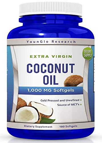 YounGlo Research Coconut Oil 1000 mg 100% Cold-Pressed Organic Extra Virgin Coconut Oil 180 Vegan Softgel Capsules Keto-Friendly Dietary Supplement Support for Hair, Nails & Skin Health