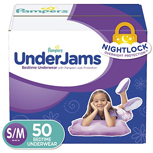 Book Cover Pampers UnderJams Disposable Bedtime Underwear for Girls, Size S/M, 50 Count, Super Pack