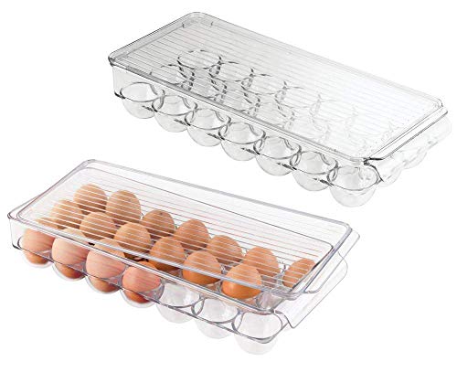 iDesign Plastic Egg Holder for Refrigerator with Handle and Lid, BPA-Free Fridge Storage Organizer for Kitchen, Holds up to 21 Eggs, 14.57" x 6.25" x 3", Set of 2, Clear