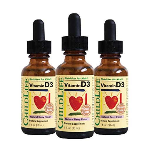 ChildLife Essentials Vitamin D3, Natural Berry Flavor - Support for Healthy Bones and Immune System - Gluten Free, Alcohol Free, Casein Free - 1 fl. oz Glass Bottle (Pack of 3)