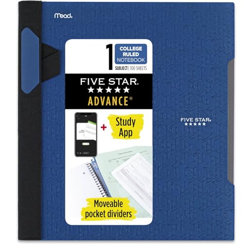 Five Star Advance Spiral Notebook + Study App, 1 Subject, College Ruled Paper, 8-1/2" x 11", 100 Sheets, Spiral Guard, Movable Tabbed Dividers, Color Selected For You, 1 Count (06322)