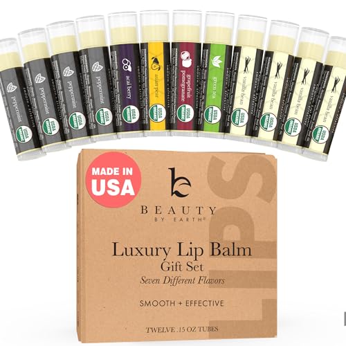 Beauty by Earth Organic Lip Balm Set; 12 Pack of Long Lasting Pure Natural Beeswax Chapstick; Assorted Moisturizing Flavors for a Clear Glossy Finish and Soft, Lush Lips