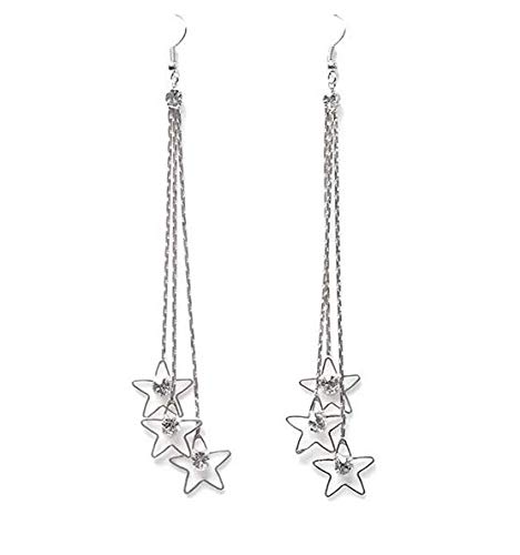 Sanwood Women's Pentacle Rhinestone Drop 3 Layers Chain Long Tassels Dangle Earrings (Silver)