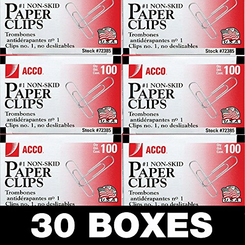 ACCO Paper Clips, 1 Size, Non-Skid, Economy, 30 Boxes, 100/Box (72385)